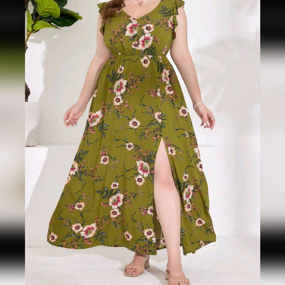 SHEIN Olive Green Floral Flutter Sleeve Dress - Picture 10 of 11